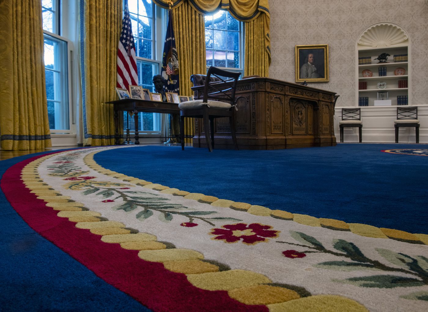 A floor view of the Resolute desk in the redesigned Oval Office awaiting President Joe Biden at the White House in Washington, D.C.