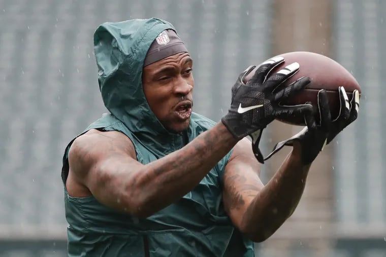 Eagles wide receiver Alshon Jeffery catches the football during pregame warm-ups before the Eagles play the Indianapolis Colts on Sunday, September 23, 2018 in Philadelphia. YONG KIM / Staff Photographer