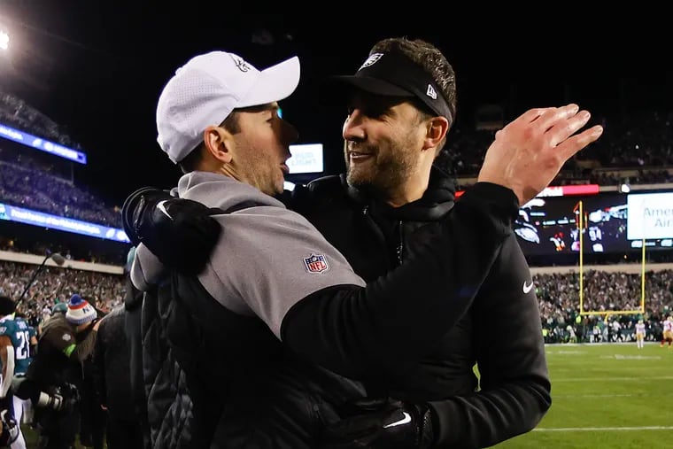 Eagles Head Coach Nick Sirianni and defensive coordinator Johnathan Gannon embrace late in the game against the San Francisco 49ers for the NFC Championship title at Lincoln Financial Field on Sunday, January 29, 2023 in Philadelphia.