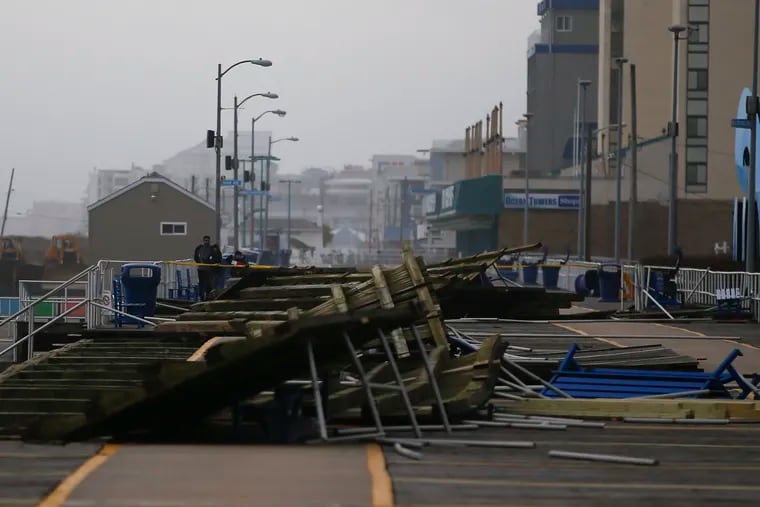Pieces of the Wildwood boardwalk in Wildwood, N.J., after it was damaged by strong winds on Monday.