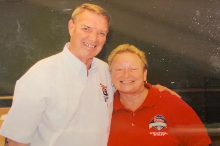This photo of longtime Phillies play-by-play voice Harry Kalas and employee Pat Kelly has a doozy of a story behind it.