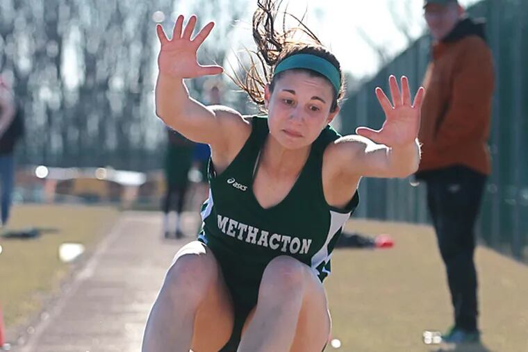 Methacton's Nicolette Serratore, competes in the triple jump during a meet against Boyertown High School on Wednesday. (Michael Bryant/Staff Photographer )