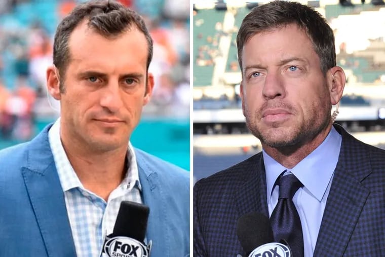 Fox Sports lead NFL analyst Troy Aikman (right) didn't hold back criticizing comments about Andrew Luck's retirement made by Fox Sports Radio host Doug Gottlieb (left)