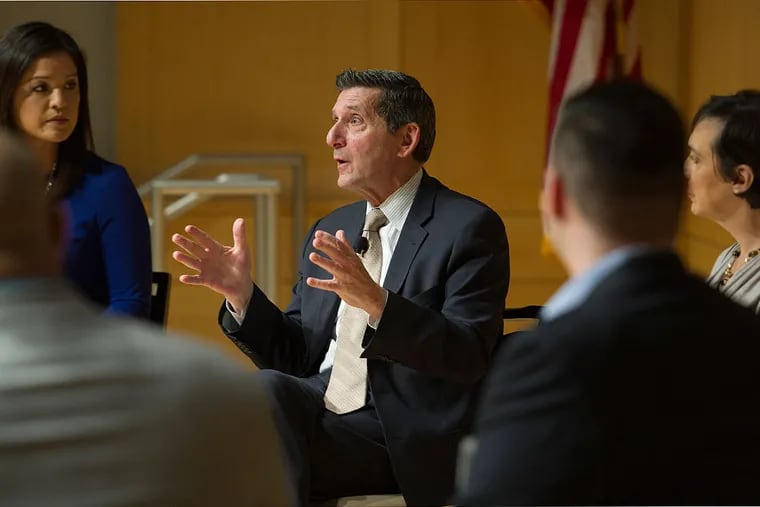 Michael Botticelli, director of the White House Office of National Drug Control Policy, makes a point during a town-hall panel discussion on the heroin and opioid epidemics at the National Constitution Center.