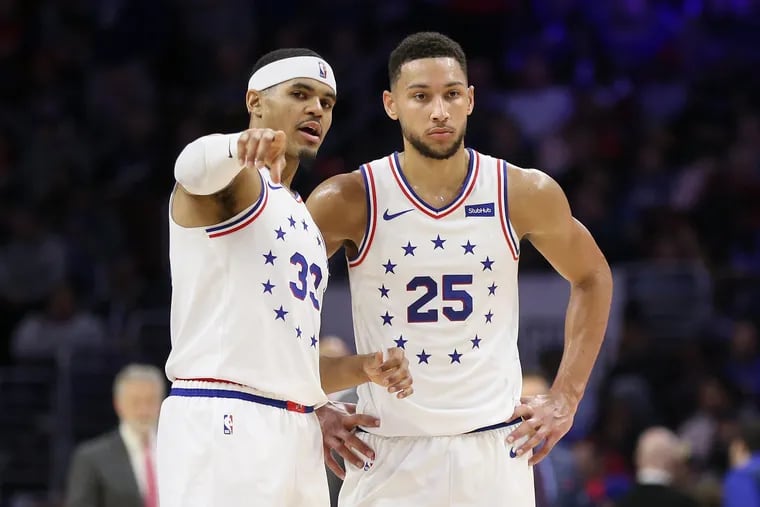 “He is in the gym religiously every day, grinding and getting better,” Tobias Harris said of Ben Simmons. Harris dared Simmons to shoot some three-pointers, and Simmons hit two in a row.