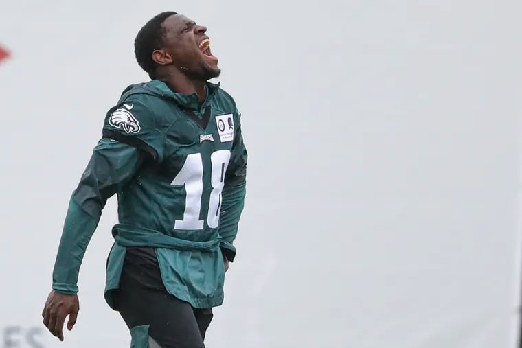 Eagles wide receiver Jalen Reagor laughs after a drill at practice at the NovaCare Complex last month.