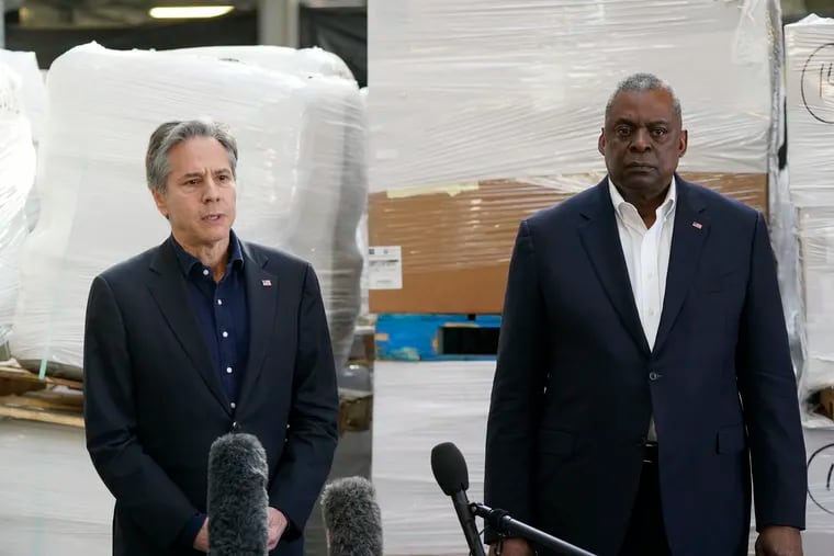 Secretary of Defense Lloyd Austin (right) and Secretary of State Antony Blinken speak with reporters Monday in Poland, near the Ukraine border, after returning from their trip to Kyiv, Ukraine, and meeting with Ukrainian President Volodymyr Zelenskyy.