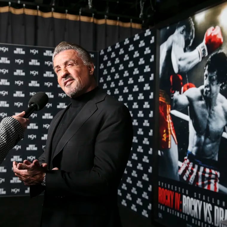 Sylvester Stallone talks with reporters in Philadelphia at a premiere for the director's cut of "Rocky IV" on Nov. 11, 2021. Stallone will appear at the Museum of Art at the new Rocky Shop on Dec. 3, 2023, for the declaration of the city's first-ever 'Rocky Day."