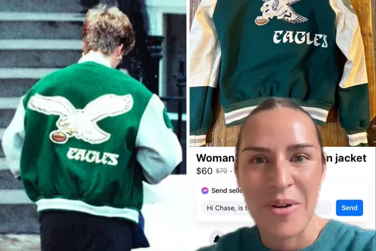 Max Kalmes (right) wanted a jacket that looked like Princess Diana's varsity Eagles jacket (left). But her purchase on Facebook Marketplace prompted her to make a now-viral cautionary TikTok for others.