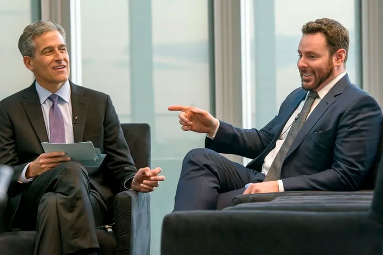 Billionaire tech guru Sean Parker (right), with Richard Besser of ABC News, helped fund research at Penn that may accelerate treatment of drug-resistant skin cancers.