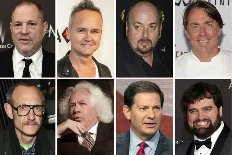 This combination photo shows, top row from left, film producer Harvey Weinstein, former Amazon Studios executive Roy Price, director James Toback, New Orleans chef John Besh, bottom row from left, fashion photographer Terry Richardson, New Republic contributing editor Leon Wiseltier, former NBC News political commentator Mark Halperin, former Defy Media executive Andy Signore.. In the weeks since the string of allegations against Weinstein first began, an ongoing domino effect has tumbled through not just Hollywood but at least a dozen other industries.