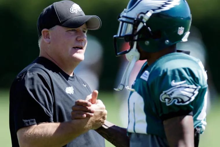 Eagles wide receiver DeSean Jackson, right, and head coach Chip Kelly shake hands at the NFL football team's training facility, Wednesday, Sept. 4, 2013, in Philadelphia. (Matt Rourke/AP)