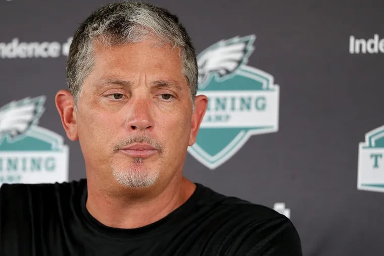 Eagles defensive coordinator Jim Schwartz talks to reporters during the Philadelphia Eagles training camp at the NovaCare complex in Philadelphia, PA on July 31, 2018. DAVID MAIALETTI / Staff Photographer