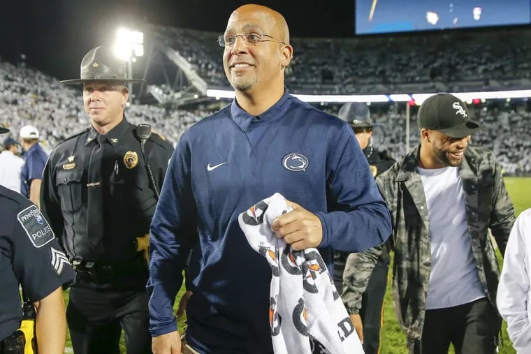 Penn State coach James Franklin smiles after beating Michigan on Saturday, Oct. 21, 2017 in University Park, Pa.