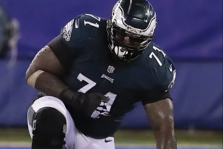 Eagles offensive tackle Jason Peters takes a knee on the turf after getting hurt during the third-quarter against the New York Giants on Thursday, October 11, 2018 in East Rutherford, NJ.