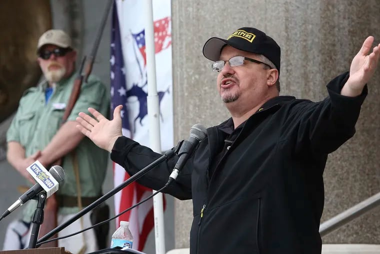 Stewart Rhodes, the founder of Oath Keepers, speaks during a gun rights rally at the Connecticut State Capitol in Hartford, Conn., in 2013.
