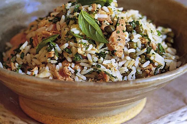 You don’t even need a recipe, it’s so easy and versatile, but here’s one: Rice Salad With Tuna, Capers. (The Williams-Sonoma Cookbook)
