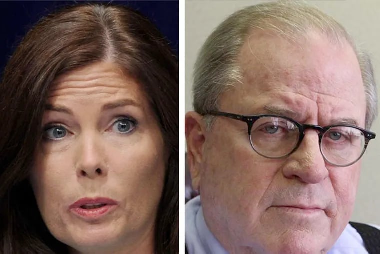 Pennsylvania Attorney General Kathleen G. Kane (left) has denied - at least for now - a request from Supreme Court Chief Justice Ronald D. Castille to share information on the sexually explicit e-mails her office says state employees exchanged over government computers.