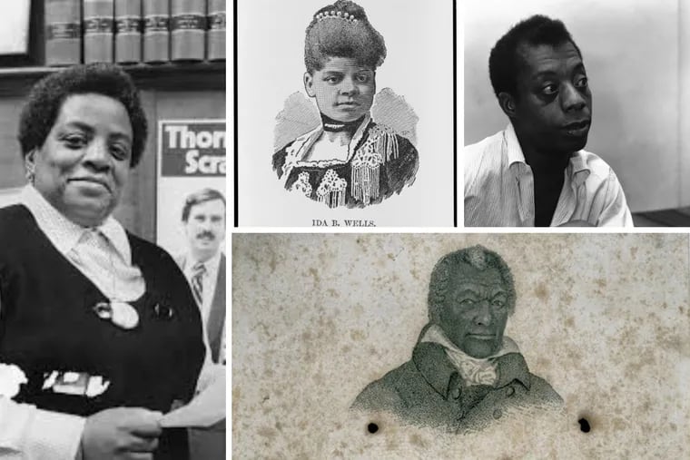 Clockwise from left: Dr. Ethel Allen, Ida B. Wells, James Baldwin, and James Armistead Lafayette