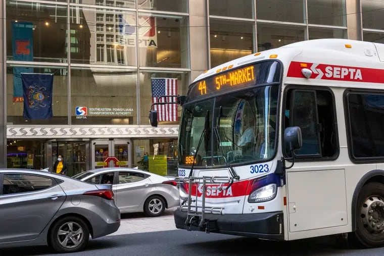 A SEPTA bus passes the transit agency's offices at 1234 Market St. in Center City in April.