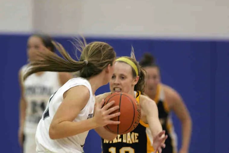 Notre Dame's Kathleen Fitzpatrick guards Episcopal's Meghan Hubley. The Irish picked up a 46-35 victory.