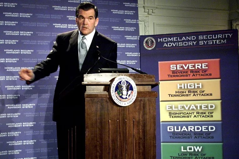 In March 2002, Homeland Security Director Tom Ridge unveiled a color-coded terrorism warning system in Washington.
