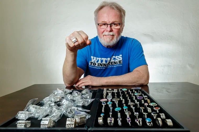 After Kirk Bloodsworth  was exonerated for a murder he did not commit, he turned to making and designing jewelry.  One of the pieces he began to make were Championship Rings for prison exonerees.  Men that had served prison time but were later exonerated. So besides making regular jewelry, on the right, he began making these large Superbowl winner sized rings, on the left.