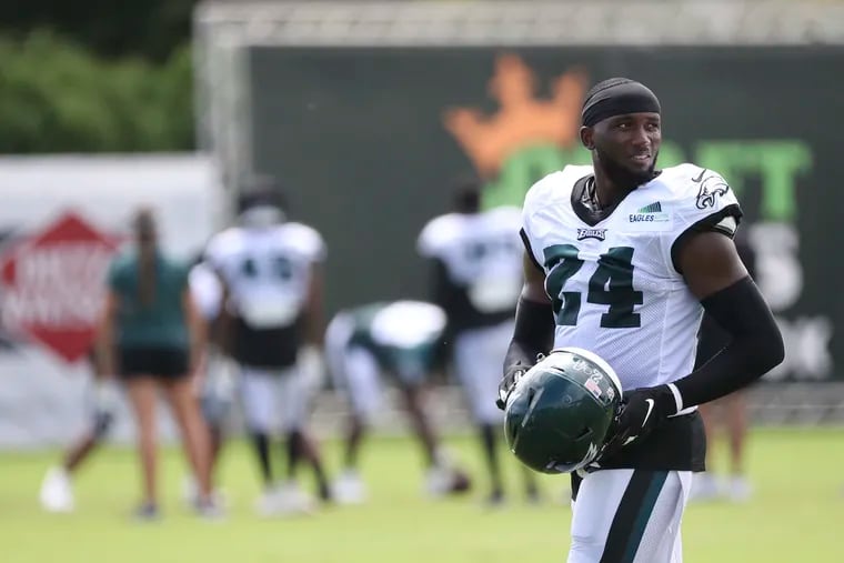 Eagles cornerback James Bradberry (24) during training camp at the NovaCare Complex in Philadelphia on Saturday, Aug. 6, 2022.