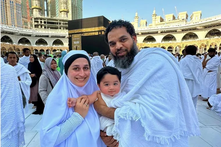 Hili Chakhansuri (left) is seen here with her husband, Hari Heerekar, and their son, Muhammad Chakhansuri Heerekar, near the Grand Mosque in Saudi Arabia in July. Upon the fall of Afghanistan in 2021, she was among the American war allies who were evacuated to a military base in South Jersey. Two years later, she is building a new life in California and working to help women and girls in Afghanistan.