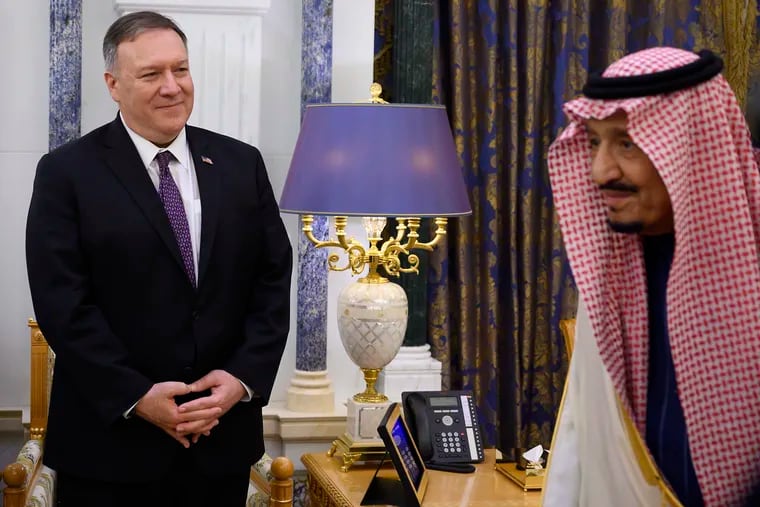U.S. Secretary of State Mike Pompeo (left) meets with Saudi King Salman at the Royal Court in Riyadh, Saudi Arabia, on Feb. 20, 2020.