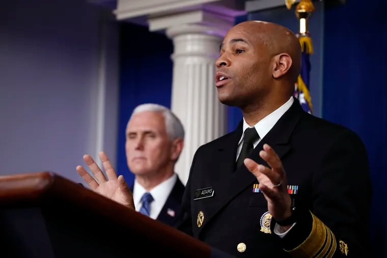 U.S. Surgeon General Jerome Adams speaks about the coronavirus in the James Brady Press Briefing Room of the White House on Friday.