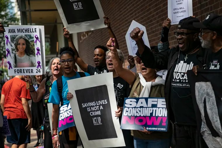 People protest outside of the Federal Courthouse in Center City, Philadelphia on Thursday, Sept. 5, 2019. Protesters gathered outside of the courthouse while the backers of Safehouse, the nonprofit aiming to open a first-of-its-kind supervised injection site in Philadelphia, were inside court for a hearing before a judge who will decide whether what they propose is illegal.