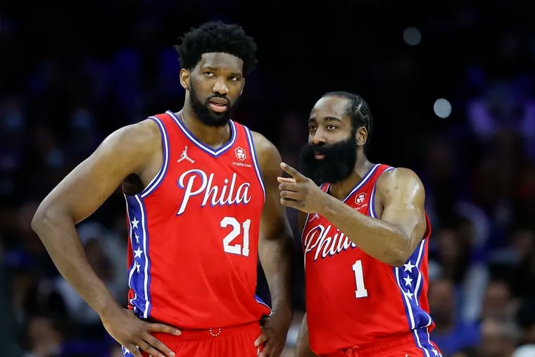 Sixers center Joel Embiid (left) and guard James Harden during a game against the Toronto Raptors in April.