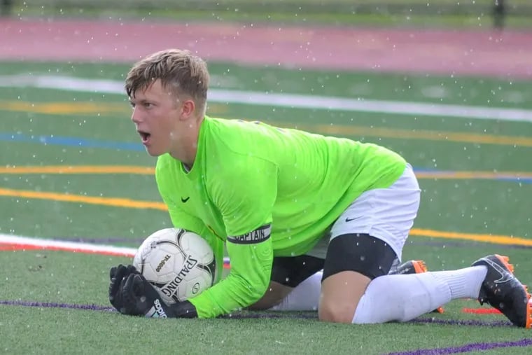 Central Bucks West goalkeeper Dylan Smith makes a save during the Central Bucks West and Pennridge soccer game Wednesday, September 12, 2018 at Pennridge High School in Perkasie, Pennsylvania. WILLIAM THOMAS CAIN / For The Inquirer.