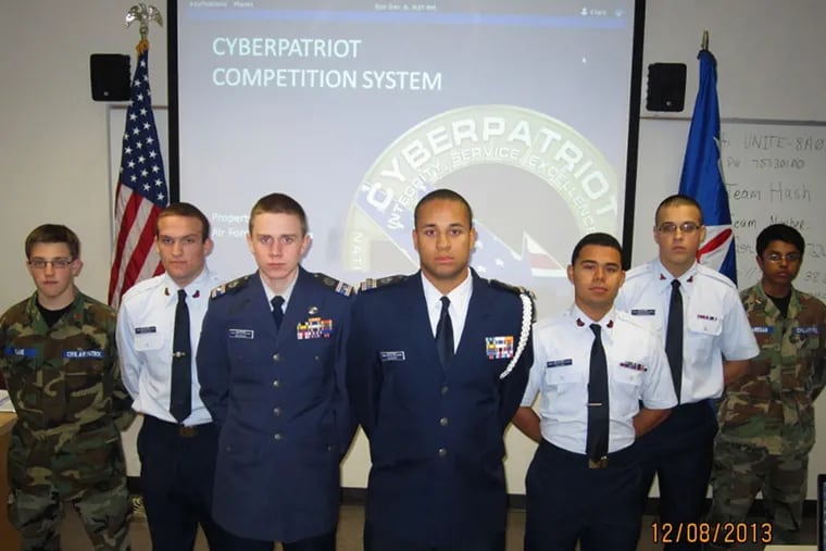 Members of the Gloucester County Composite Squadron who are competing in the national CyberPatriot event are (from left) Scott Keane, Tyler Nicolella, Justin Nicholas, Kristopher Eleazer, Gabriel Fallas, Scott Jakuboski, and Nirun Kumeresan. The competition is sponsored by the Air Force Association.