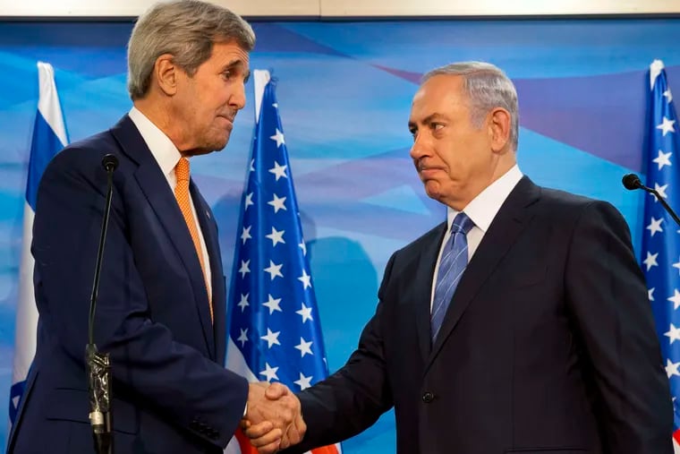 Secretary of State John Kerry (left) shakes hands with Israeli Prime Minister Benjamin Netanyahu before their meeting in Jerusalem. Kerry said he had come at President Obama's behest.