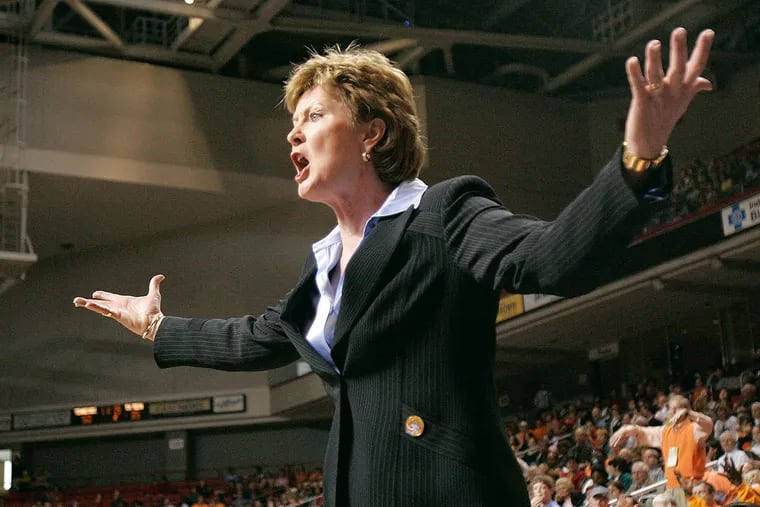 Striking one of her classic intimidating poses, legendary Tennessee coach Pat Summitt questioned a referee's call when the Lady Vols played in the 2005 NCAA tournament Sweet 16 at Temple University's Liacouras Center.