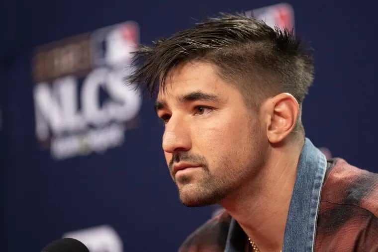 The Phillies' Nick Castellanos speaks to the media before Game 6 of the NLCS on Monday.