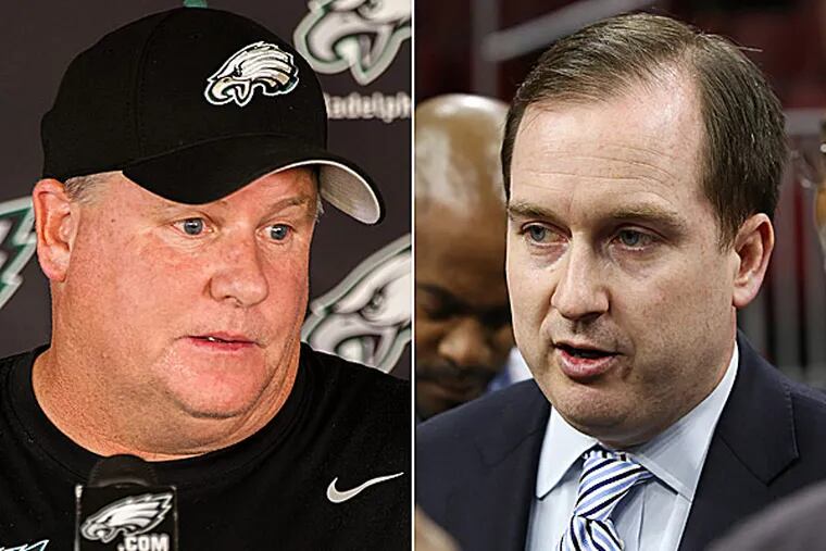 Eagles head coach Chip Kelly and 76ers general manager Sam Hinkie. (Staff and USA Today photos)