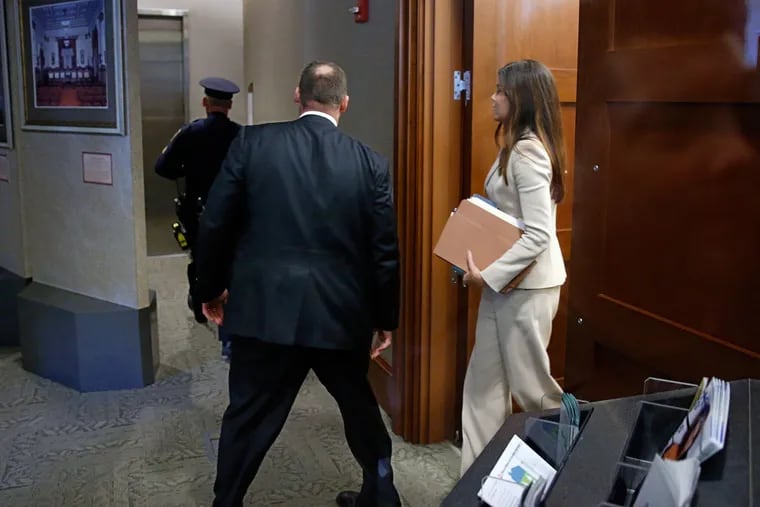 Pennsylvania Attorney General Kathleen G. Kane leaves court. She testified that she had no evidence that the judge overseeing the Jerry Sandusky grand jury leaked information.