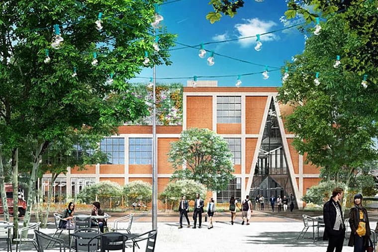 Rendering of the Pennovation plaza, shaded by sycamores, outfitted with tables. The $37.5 million landscape and renovation won't be done until mid-2016, but Penn has already begun leasing space to start-ups. (Courtesy of HWKN)