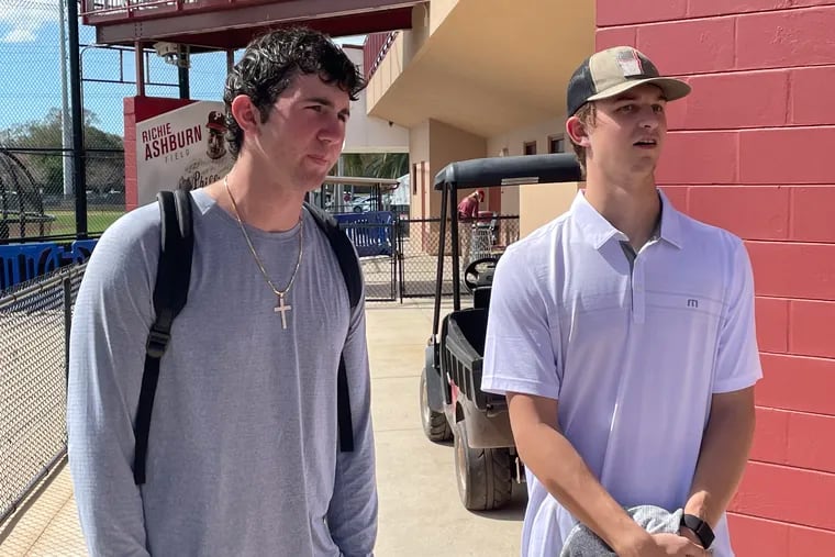 Phillies pitching prospects Andrew Painter, left, and Mick Abel on Thursday at the team's complex in Clearwater, Fla.