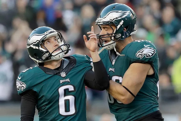 Eagles kicker Caleb Sturgis points to the sky after making a field goal.