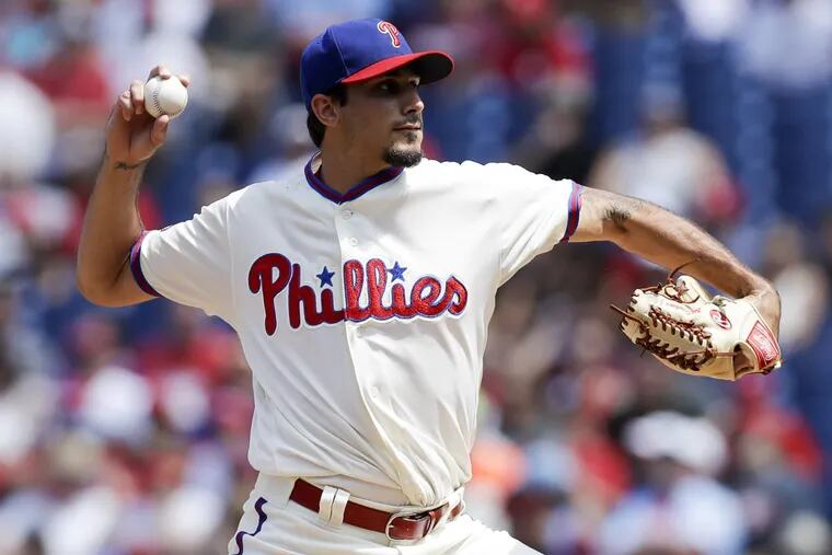 Zach Eflin, shown here pitching for the Phillies last summer, won the opener for triple A Lehigh Valley on Saturday.