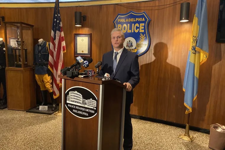 Police Homicide Capt. Jason Smith speaks to reporters at a news conference Friday about the previous night's fatal stabbing of a homeless man in Rittenhouse Square park.