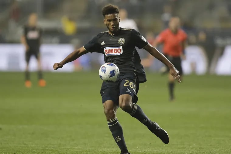 Union defender Auston Trusty settles the ball in a game earlier this season.