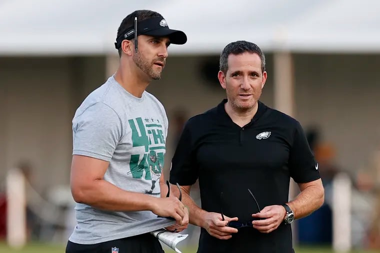 Eagles coach Nick Sirianni with general manager Howie Roseman at training camp at the NovaCare Complex on July 31.