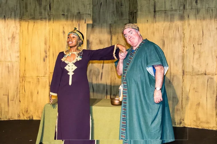 Brittany Fauzer as Cleopatra and Ken Wilson as Messenger in Shakespeara-palooza, an original play by Manayunk resident Judy Van Buskirk that is the inaugural production of Old Academy Players' 100th season.