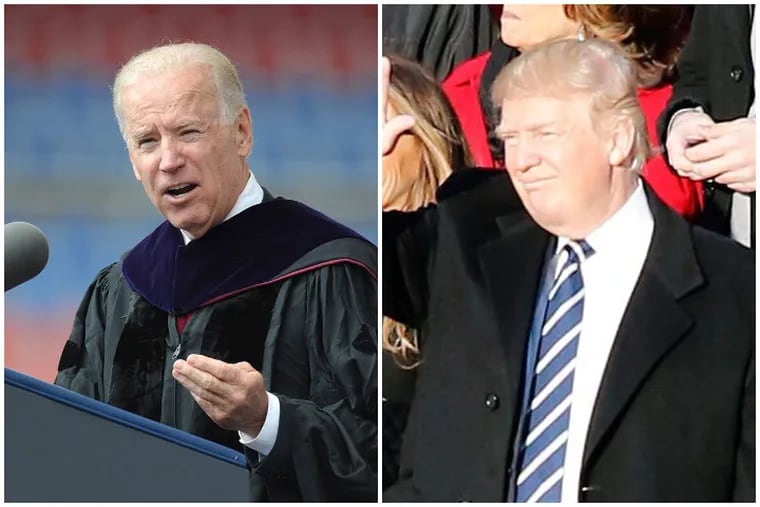 Former Vice President Joe Biden, left, speaks at the University of Pennsylvania commencement exercises in 2013. President Donald Trump, right, attends the University of Pennsylvania Commencement in 2016, when his daughter Tiffany was graduating.
