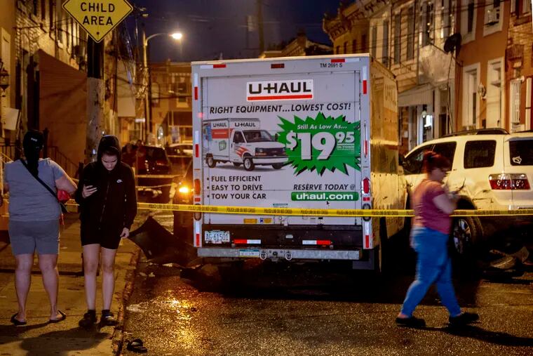 The scene at W. Birch & N. American Streets Apr. 29, 2021 where a U-Haul ended up, blocks away from Cecil B. Moore Avenue and Front Street, where police said the driver drove into two people outside a restaurant before fleeing the scene.